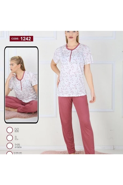 - Ev Hali Pijama- Çiçek desenli pijama takımı lila-XL beden