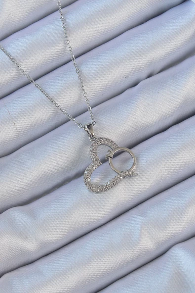 316L Çelik Zincir Gümüş Renk Zirkon Taşlı Yüzüklü Kalp Kolye - EBJ240912W27904 ürün görseli