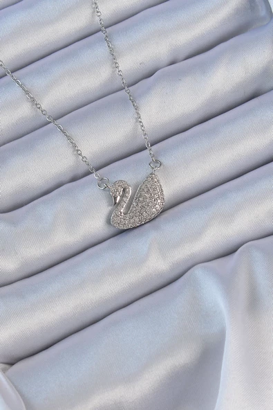 316L Çelik Zincir Gümüş Renk Zirkon Taşlı Kuğu Kolye - EBJ240912W27908 ürün görseli