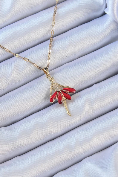 316L Çelik Zincir Altın Renk Kırmızı Etekli Zirkon Taşlı Balerin Kolye - EBJ240912W27857 ürün görseli