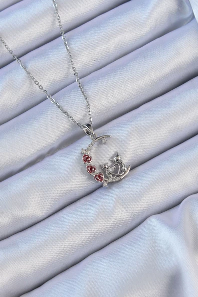 316L Çelik Zincir Gümüş Renk Kırmızı Gül Detay Kedi Figür Zirkon Taşlı Ay Kolye - EBJ240912W27888 ürün görseli