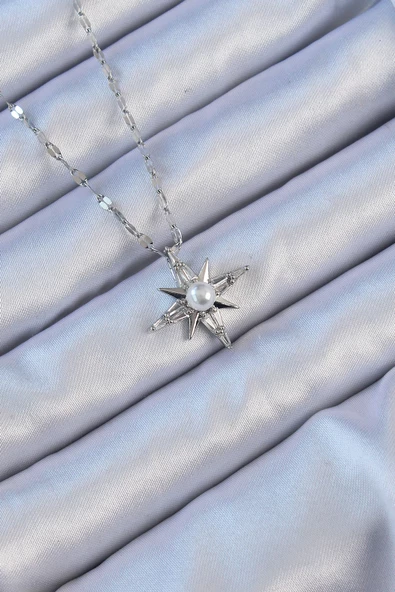 316L Çelik Zincir Gümüş Renk Baget Taşlı İnci Detay Kutup Yıldızı Kolye - EBJ240912W27878 ürün görseli