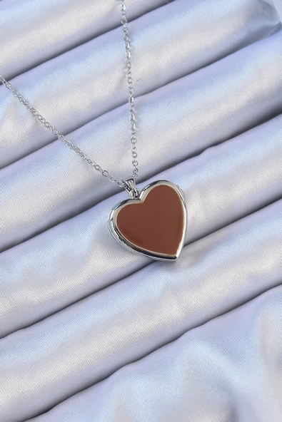 316L Çelik Zincir Gümüş Renk Mineli İçi Açılan Kalp Kolye - EBJ240912W27856 ürün görseli