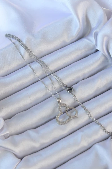 316L Çelik Zincir Gümüş Renk Zirkon Taşlı Yüzüklü Kalp Kolye - EBJ240912W27904 - Resim 2