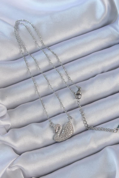 316L Çelik Zincir Gümüş Renk Zirkon Taşlı Kuğu Kolye - EBJ240912W27908 - Resim 2