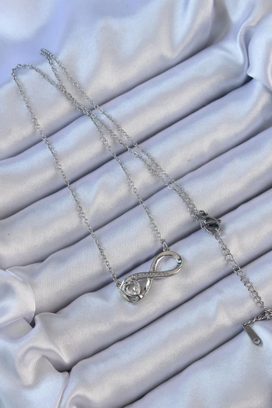 316L Çelik Zincir Gümüş Renk Zirkon Taşlı Minimal Kalp Figür Sonsuzluk Kolye - EBJ240912W27868 - Resim 2