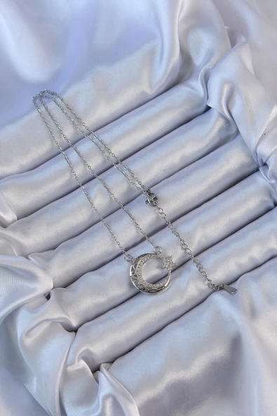 316L Çelik Zincir Gümüş Renk Zirkon Taşlı Motifli Ay Yıldız Kolye - EBJ240912W27874 - Resim 2