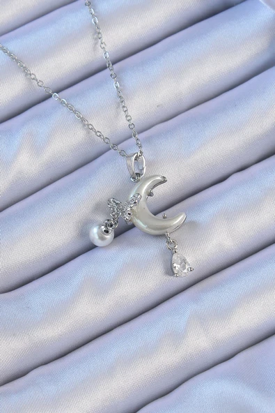 316L Çelik Zincir Gümüş Renk Zirkon Taşlı Kelebekli Mineli Ay Kolye - EBJ240912W27852 ürün görseli