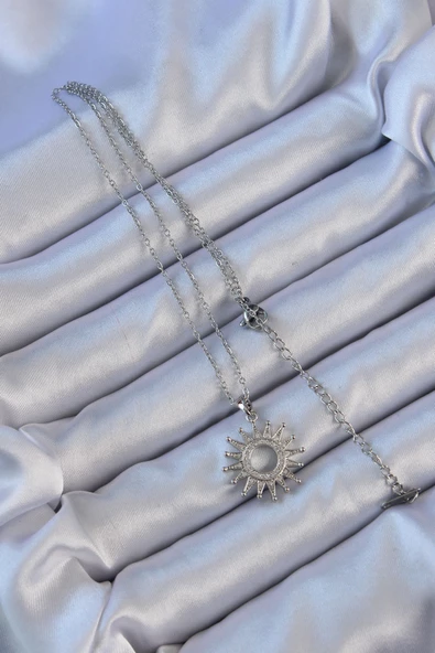 316L Çelik Zincir Gümüş Renk Zirkon Taşlı Parlayan Güneş Kolye - EBJ240912W27864 - Resim 2