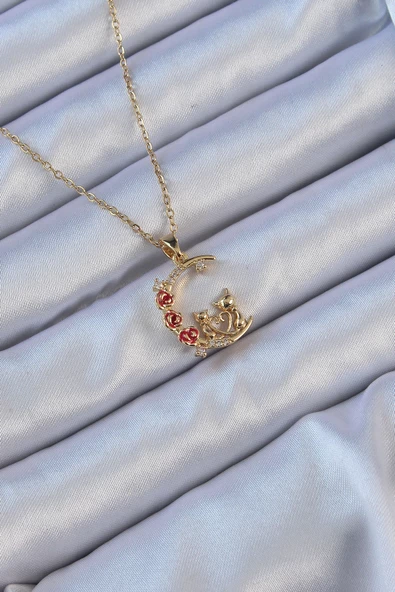 316L Çelik Zincir Altın Renk Kırmızı Gül Detay Kedi Figür Zirkon Taşlı Ay Kolye - EBJ240912W27887 ürün görseli