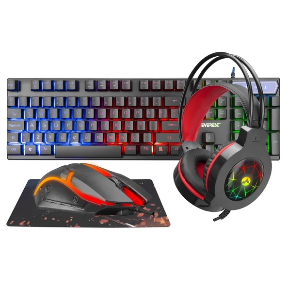 Everest KMK-91 ECO Gökkuşağı Aydınlatmalı USB Gaming Combo 4 in 1 Set Oyun Klavy