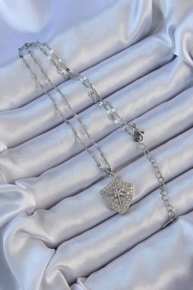 316L Çelik Zincir Gümüş Renk Zirkon Taşlı Kutup Yıldızı Kolye - EBJ240912W27884 - Resim 2