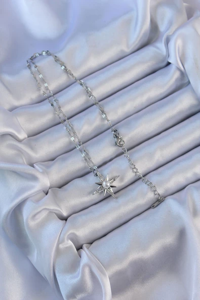 316L Çelik Zincir Gümüş Renk Baget Taşlı İnci Detay Kutup Yıldızı Kolye - EBJ240912W27878 - Resim 2