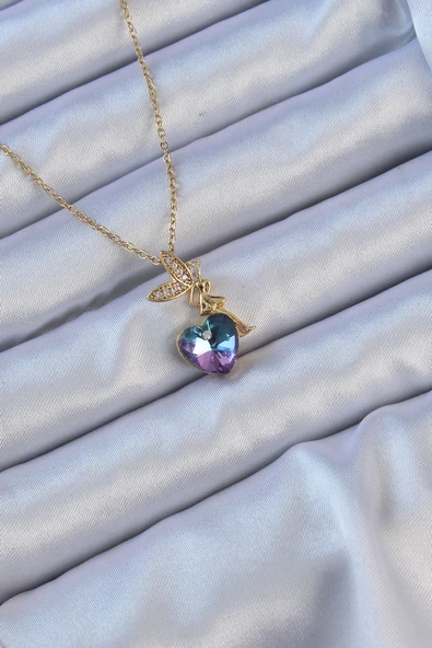 316L Çelik Zincir Altın Renk Mor Mavi Renk Zirkon Taşlı Kalp Detay Peri Kolye - EBJ240912W27885 ürün görseli