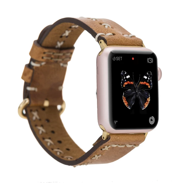 Apple Watch Uyumlu Deri Kordon 42-44-45mm Aqua V18 Taba