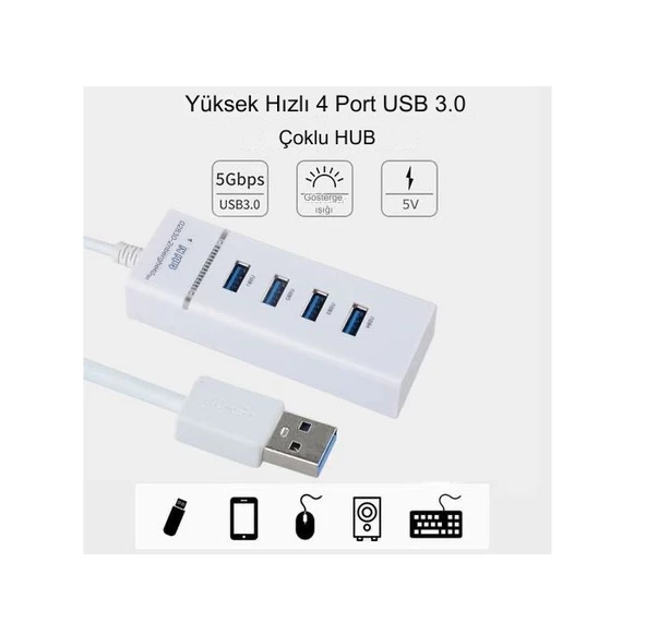 Çok Amaçlı 4 Port Girişli Güçlü Usb 3.0 Port Çoklayıcı Hızlı Aparatı  Beyaz - 4