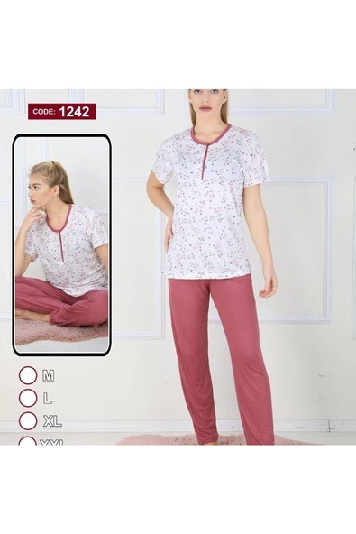 - Ev Hali Pijama- Çiçek desenli pijama takımı bordo-L beden