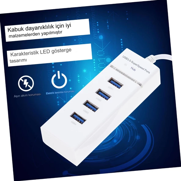 Çok Amaçlı 4 Port Girişli Güçlü Usb 3.0 Port Çoklayıcı Hızlı Aparatı  Beyaz - 2