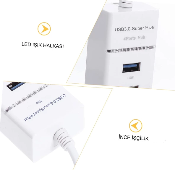 Çok Amaçlı 4 Port Girişli Güçlü Usb 3.0 Port Çoklayıcı Hızlı Aparatı  Beyaz - 5
