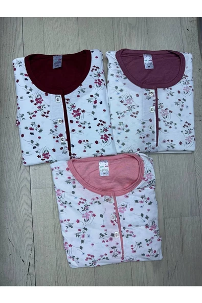 - Ev Hali Pijama- Çiçek desenli pijama takımı pembe- XL Beden - 3