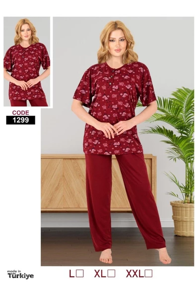 Çiçek desenli pijama takımı kısa kol koyu pembe-XXL beden