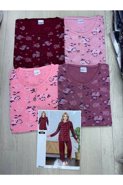 Çiçek desenli pijama takımı kısa kol bordro- L Beden - Resim 2