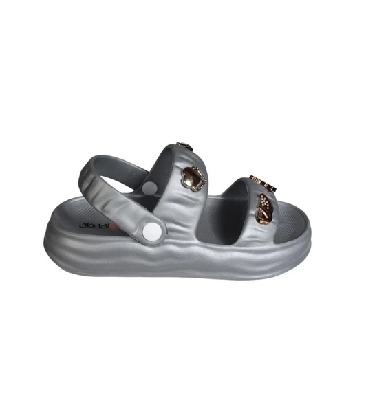 AKINALBELLA Kadın Beyaz Gümüş Taşlı Çift Bantlı Sandalet - 8