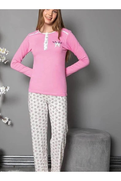- Pembe yıldız desen penye pijama takımı- M Beden