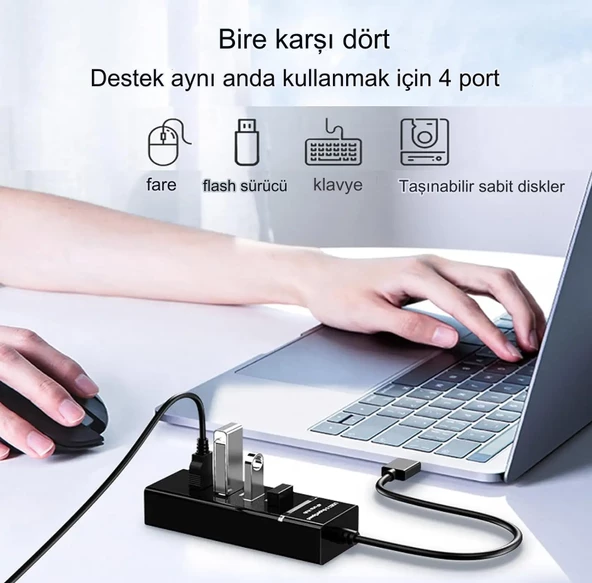 Portatif 4 Girişli Usb Çoğaltıcı Çoklayıcı Usb Hub 3,0 Laptop Desktop Kasa Notebook Uyumlu - 3