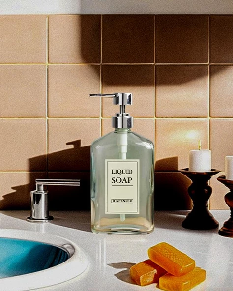 Cam Sıvı Sabunluk - Dekoratif Büyük Boy Dispenser - Kalın Cam - 500 ML - 5