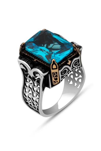 Aqua Mavi Taşlı 925 Gümüş Erkek Yüzük - Resim 2