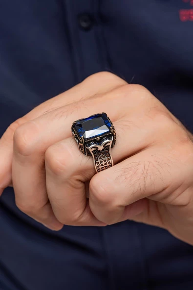 Parlament Mavisi Taşlı 925 Gümüş Erkek Yüzük - Resim 3