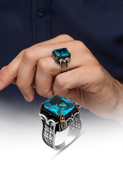 Aqua Mavi Taşlı 925 Gümüş Erkek Yüzük - Resim 8