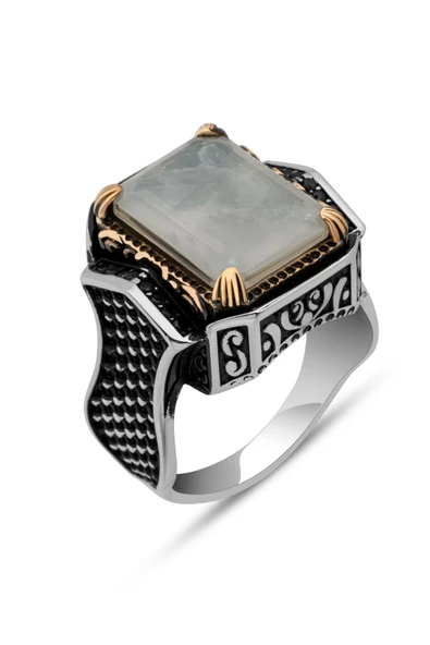 Beyaz Paraipa Taşlı Parlak 925 Gümüş Erkek Yüzük - Resim 2