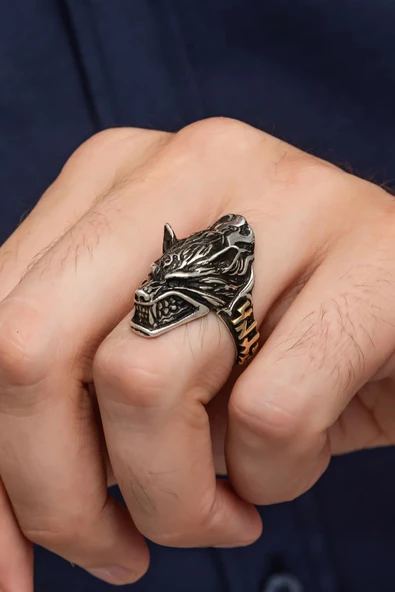 Kurt Motif Göktürkçe TÜRK Yazılı 925 Gümüş Erkek Yüzük ürün görseli