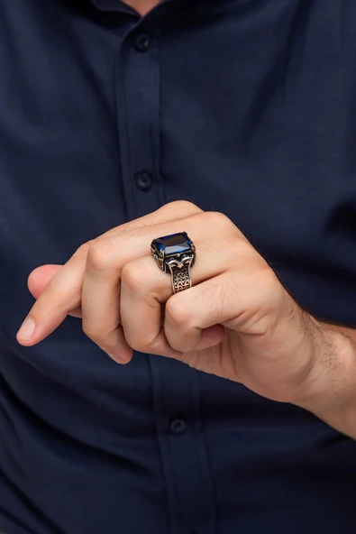 Parlament Mavisi Taşlı 925 Gümüş Erkek Yüzük - Resim 6