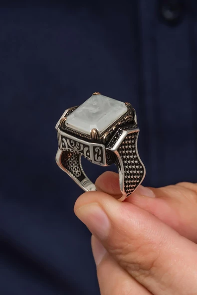 Beyaz Paraipa Taşlı Parlak 925 Gümüş Erkek Yüzük - Resim 4