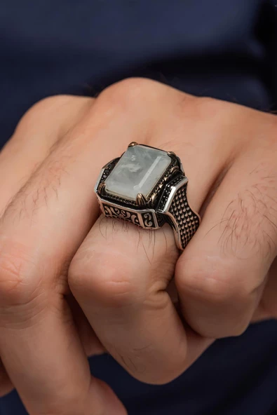 Beyaz Paraipa Taşlı Parlak 925 Gümüş Erkek Yüzük ürün görseli