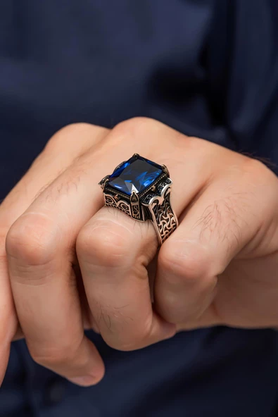 Parlament Mavisi Taşlı 925 Gümüş Erkek Yüzük ürün görseli
