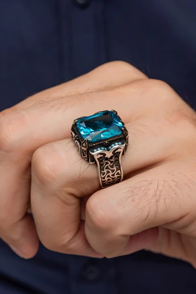 Aqua Mavi Taşlı 925 Gümüş Erkek Yüzük ürün görseli