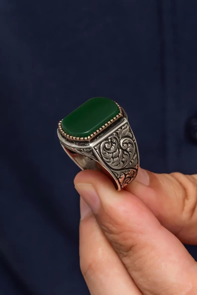 Yeşil Akik Taşlı Oyma Motifli 925 Gümüş Erkek Yüzük - 7