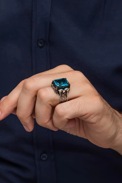 Aqua Mavi Taşlı 925 Gümüş Erkek Yüzük - Resim 7