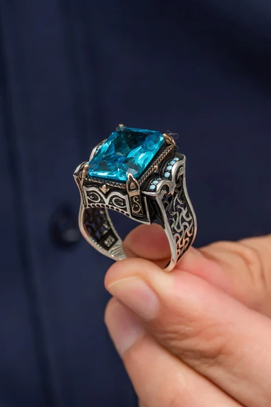 Aqua Mavi Taşlı 925 Gümüş Erkek Yüzük - Resim 3