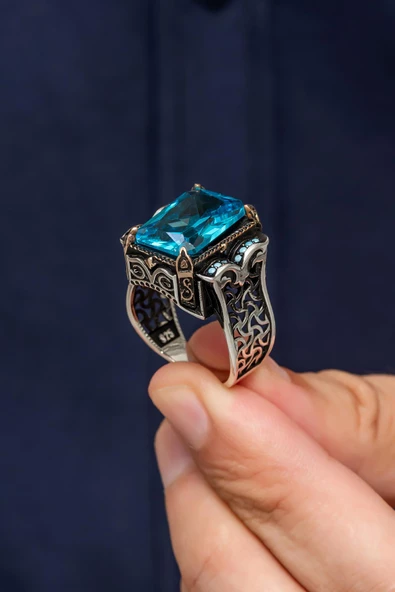 Aqua Mavi Taşlı 925 Gümüş Erkek Yüzük - Resim 6