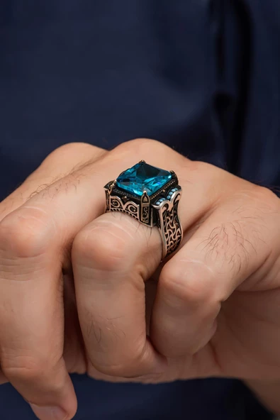 Aqua Mavi Taşlı 925 Gümüş Erkek Yüzük - Resim 5