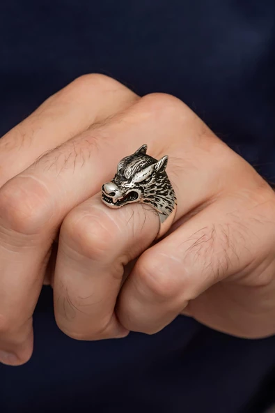 Kurt Motif Yazılı 925 Gümüş Erkek Yüzük ürün görseli