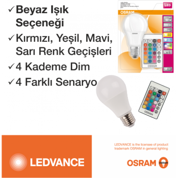 Osram 9W E27 806 LM Uzaktan Kumandalı Renk Değiştiren Led Ampul - 2