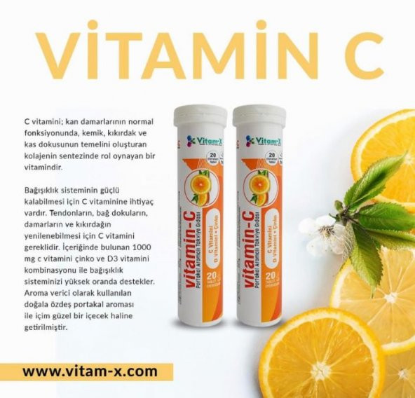 Vitam X  -  C 1000 Mg, D  Vitamini ve Çinko içeren Efervesan Tablet (Portakal Aromalı) - 1 Kutu
