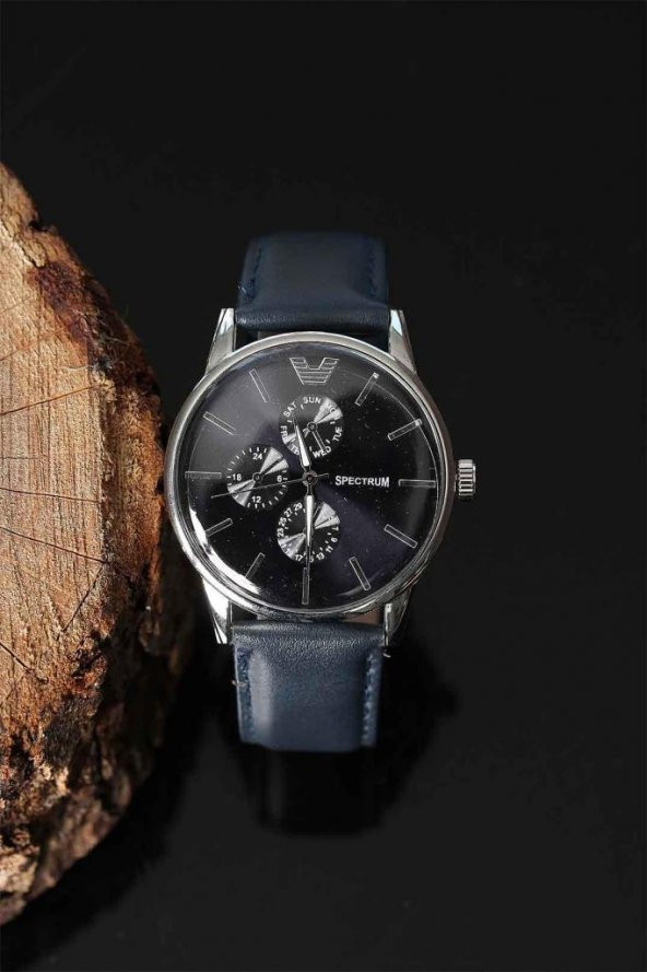 Lacivert Deri Kordon Gümüş Metal Kasa Erkek Saat - 3