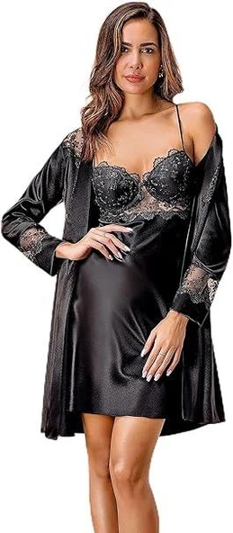 Nurteks Kadın Siyah 2 Li Kaplı Sabahlık Gecelik Saten Kimono Takım 5384 ürün görseli 1